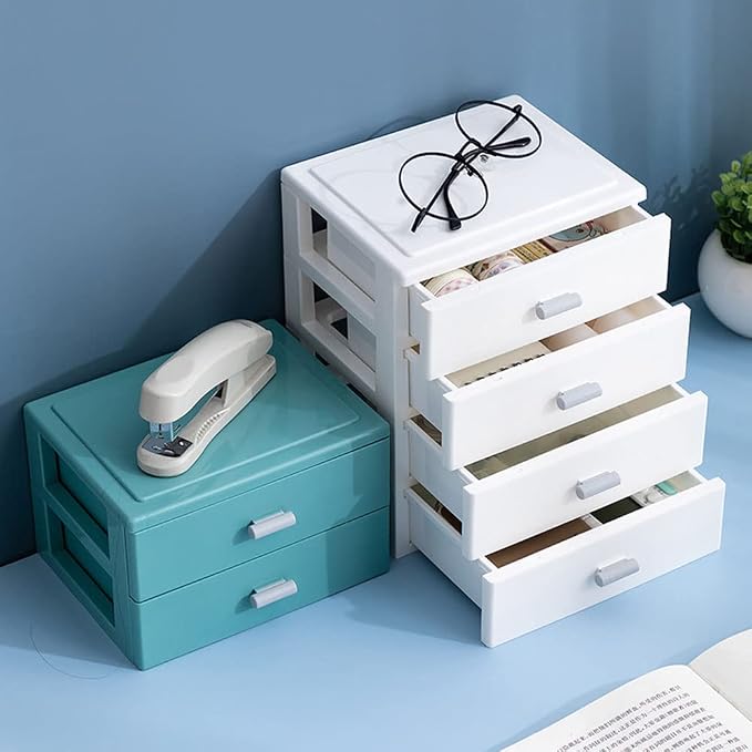 Desk Organizer with 2 Drawers, Solid Color Plastic Desk Storage Box, Desktop - Image 4