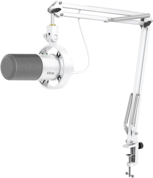 FIFINE Dynamic Microphone with Boom Arm, Studio Vocal XLR Microphone, Podcast USB Mic Kit for PC with Mute Button, Volume Knob, Headphone Jack, for Streaming Recording-AmpliTank K688CT White