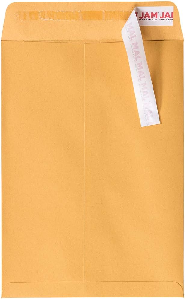 JAM PAPER 7 1/2 x 10 1/2 Open End Catalog Envelopes with Peel and Seal Closure - Brown Kraft Manila - Bulk 500/Carton