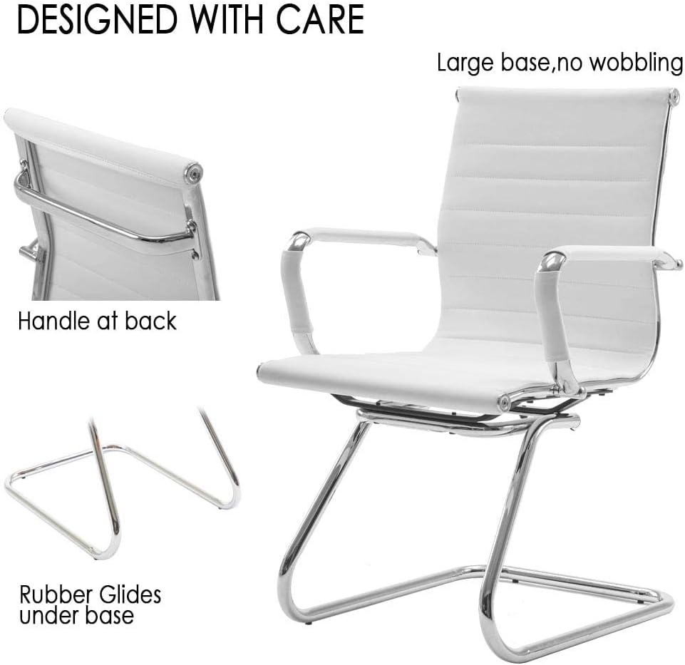 White Office Desk Chair No Wheels Set of 4 PU Leather Computer Chairs Mid Back Guest Chairs for School Reception Conference Waiting Room, White