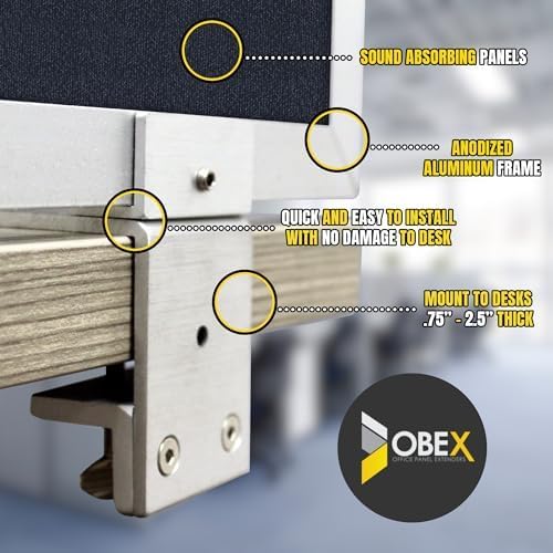 OBEX Acoustic Mounted Screen Privacy Panel Table Top Separator, Sound Blocking Desk Divider (Slate, 24" X 42")