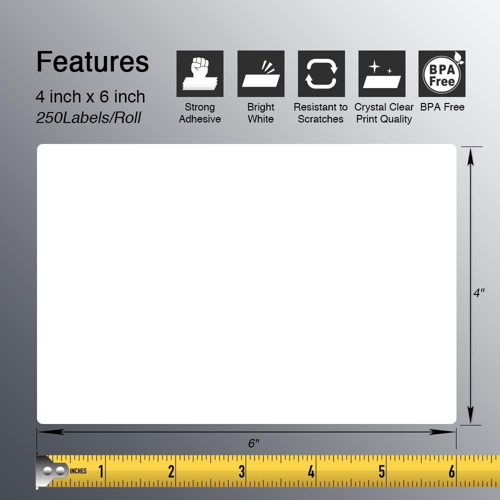 BETCKEY - 4" x 6" (102 mm x 152 mm) Shipping Labels Compatible with Zebra & Rollo Label Printer(not for dymo 4XL), Premium Adhesive & Perforated [10 Rolls, 2500 Labels]