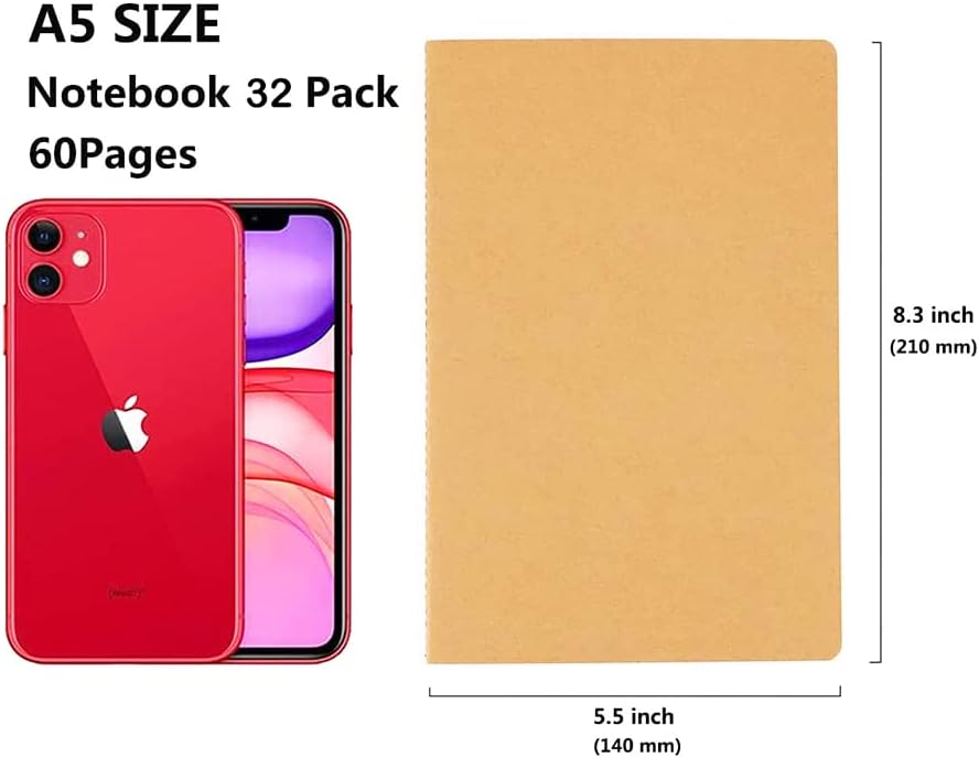 32 Pack Notebook Journals for Travelers, Students and Office, Writing Diary Subject Notebooks Planner with Thick Paper, 60 Pages, 30 Sheets, 8.3x5.5 inch, A5 Size, Travel Journal Set (Lined)