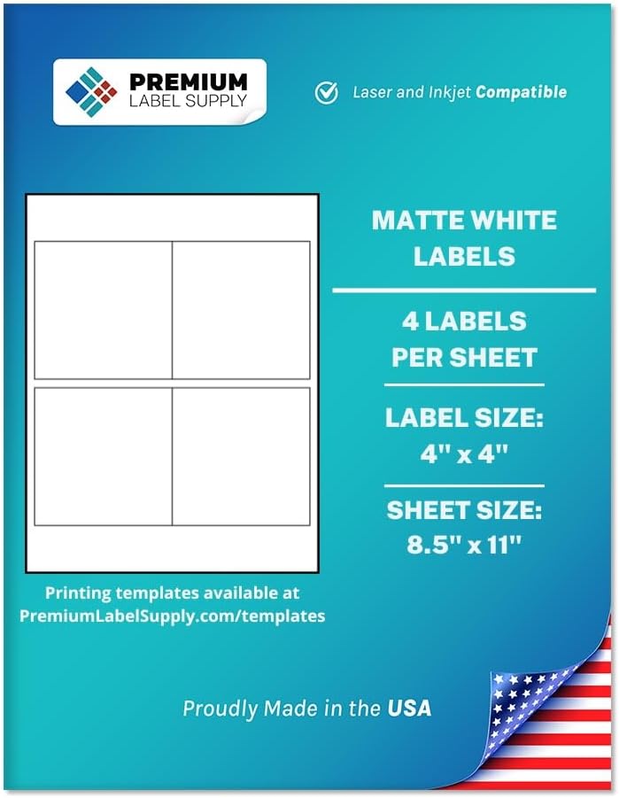 Premium Label Supply White Sticker Square Labels – 4" x 4" – Laser/Inkjet Compatible – (4 per Sheet), 1000 Sheets - 4,000 Total Adhesive Labels