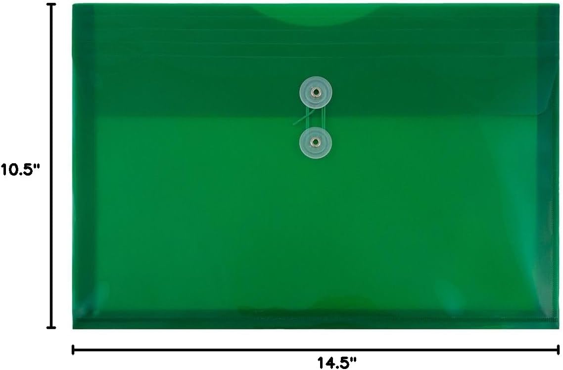 JAM PAPER Plastic Envelopes with Button & String Tie Closure - Legal Booklet - 9 3/4 x 14 1/2 - Green - 12/Pack