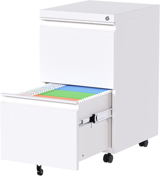METAN Mobile Metal 2 Drawer File Cabinet with Lock, Rolling Cabinet for Both Legal and Letter Size Hanging Folders, Perfect File Storage for Home Office, Pre-Assembled Except 5 Casters,White