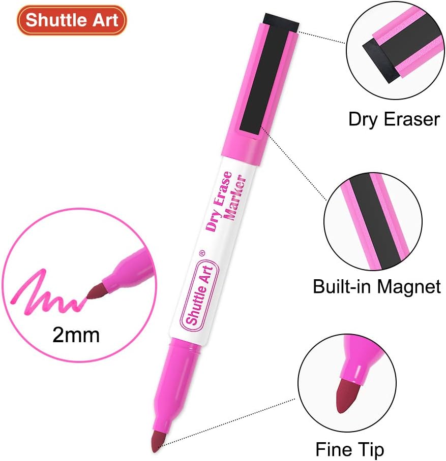 Shuttle Art Dry Erase Markers, 15 Colors Magnetic Whiteboard Markers with Erase,Fine Point Perfect For Writing on Whiteboards, Dry-Erase Boards,Mirrors for School Office Home