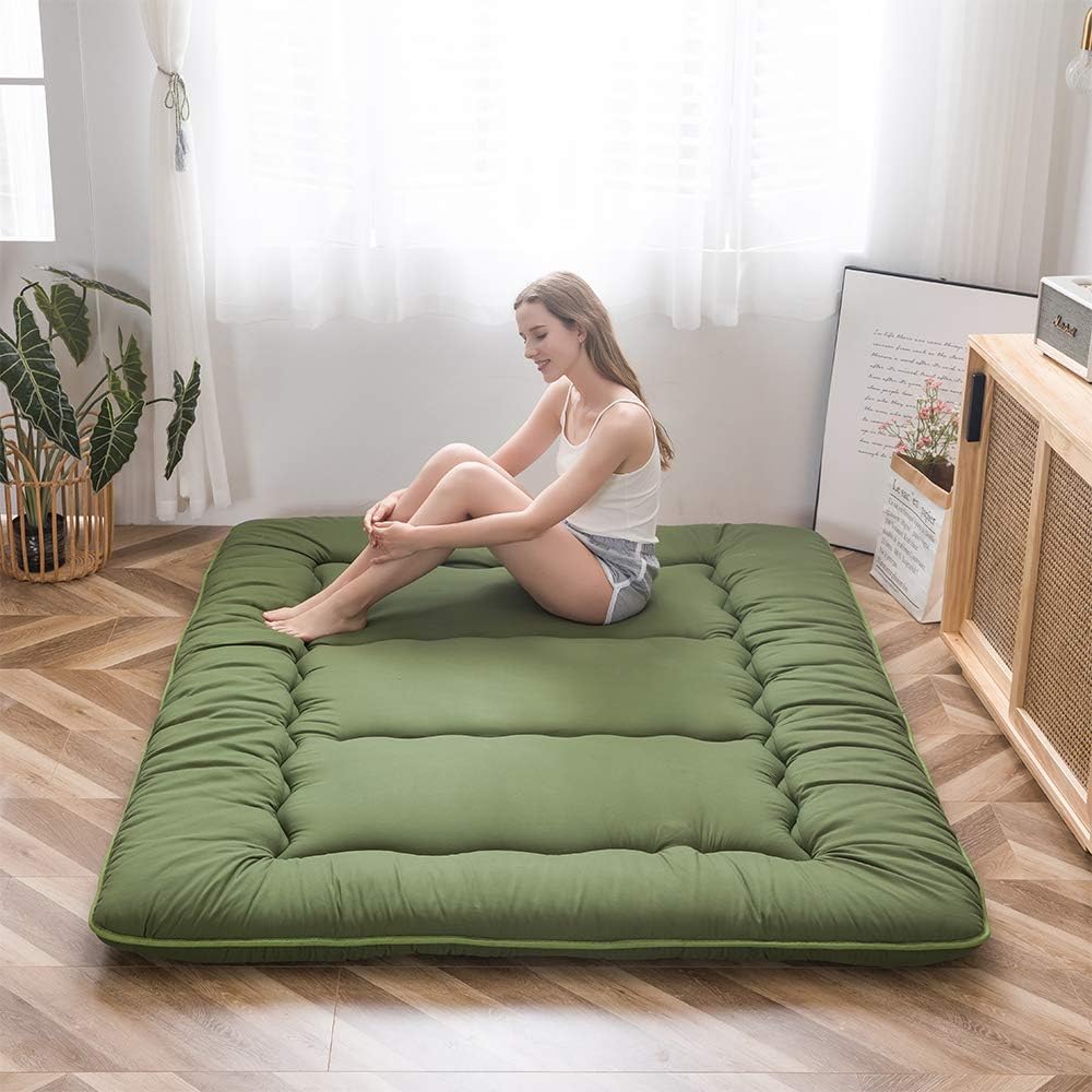 MAXYOYO Japanese Futon Mattress Twin Size Floor Mattress, Thicken Tatami Mat Sleeping Pad Roll Up Mattress Floor Bed Folding Couch Bed Mattress Pad for Guest Room, Green, Twin