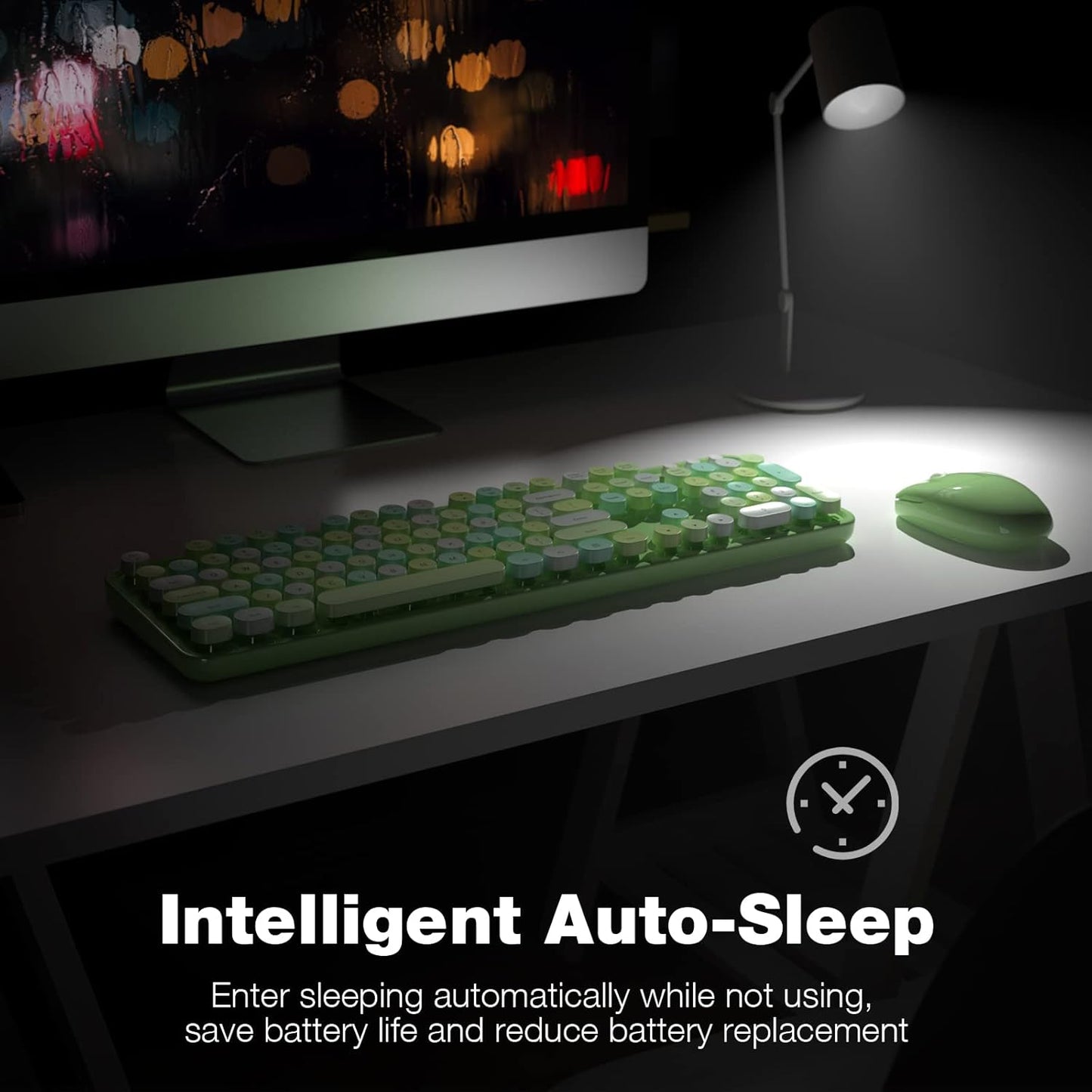Wireless Keyboard and Mouse Combo, 104 Keys Full-Sized 2.4 GHz Round Keycap Colorful Keyboards, USB Receiver Plug and Play, for Windows, PC, Laptop, Desktop (Green Colorful)