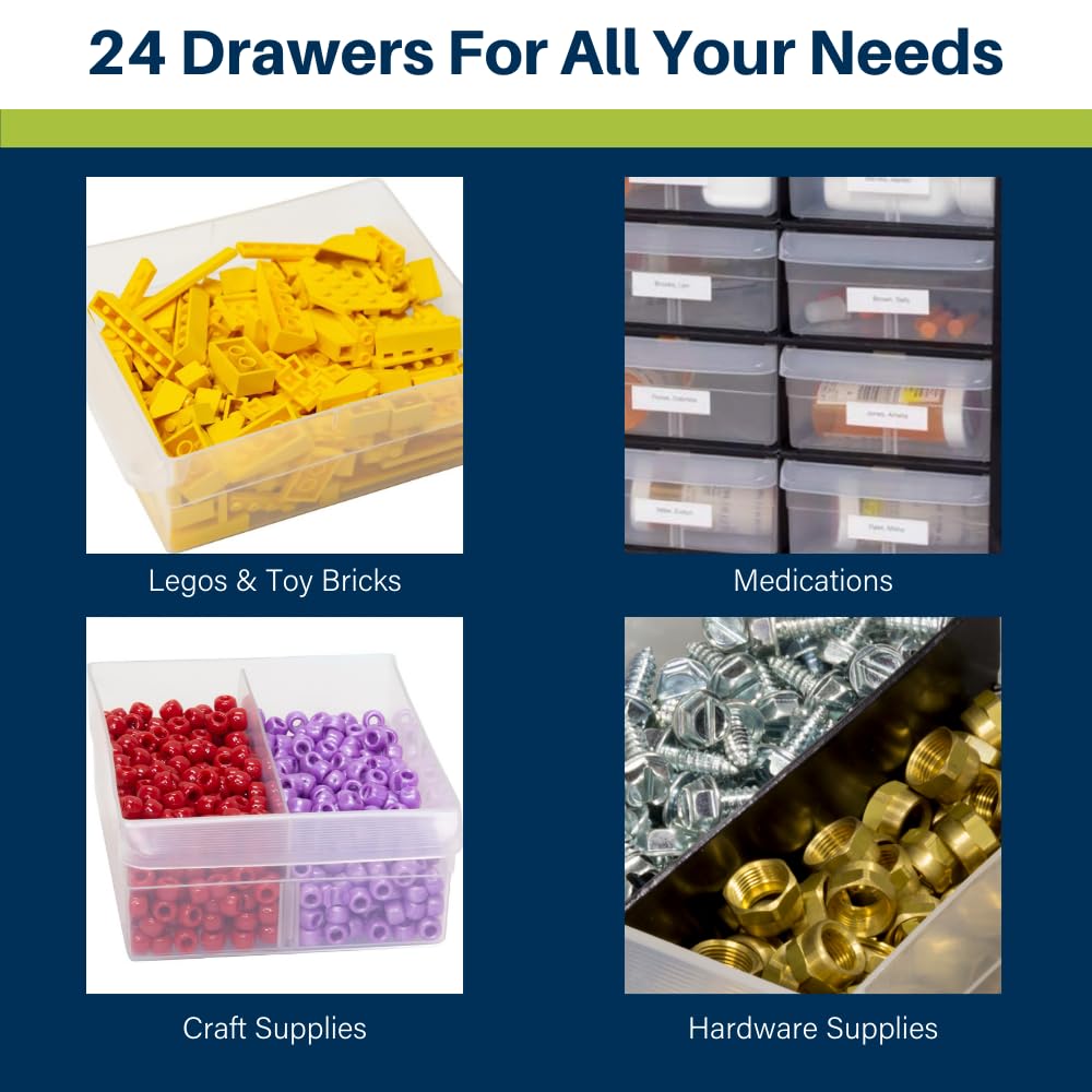 Akro-Mils 24-Drawer Plastic Drawer Storage Cabinet for Garage Organization, Bead Organizer, Building Bricks Storage, Teacher Toolbox, Makeup Organizer, 20-Inch W x 6-Inch D x 16-Inch H, 10124 Black