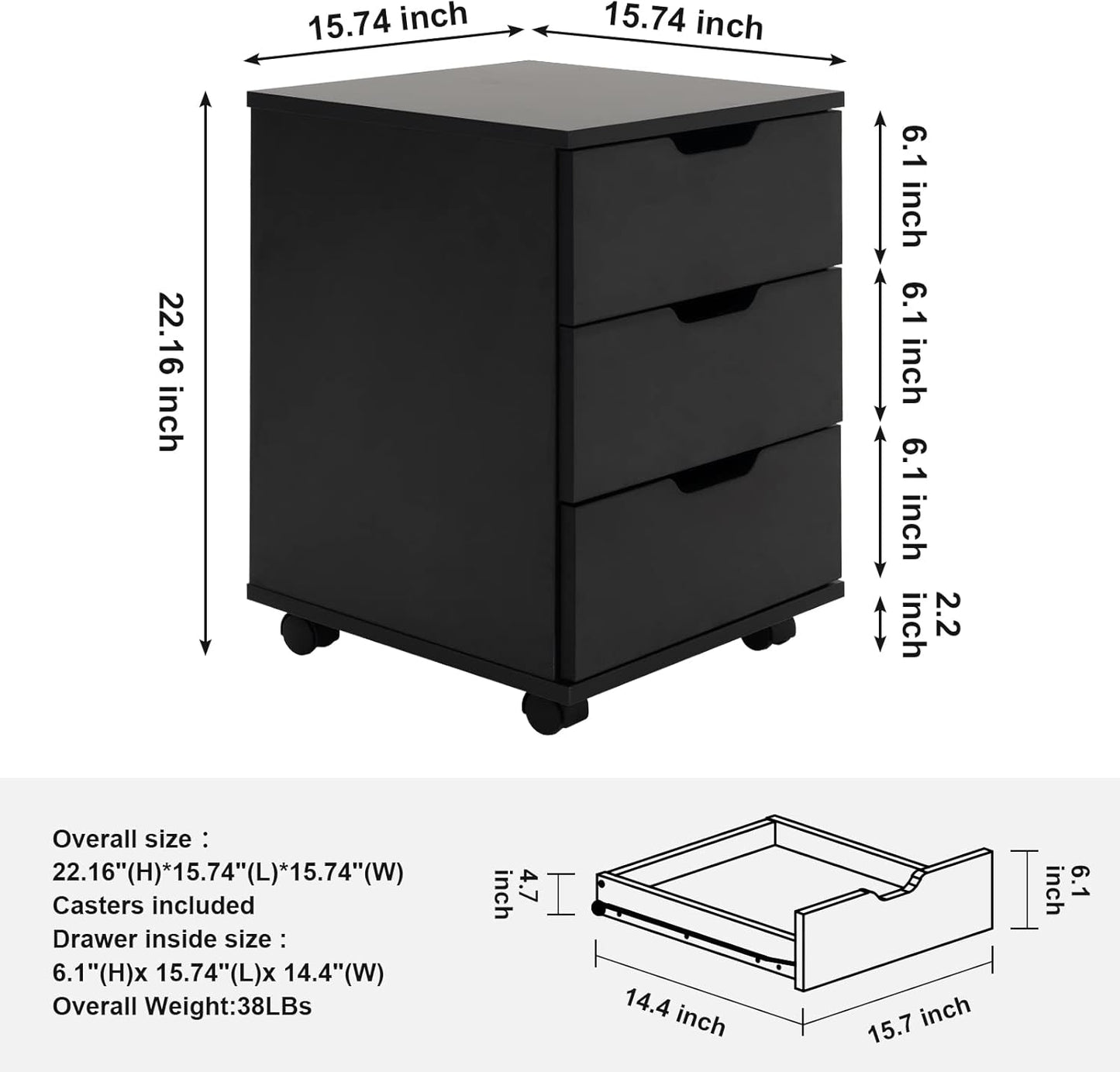 Farini 3-Drawer Vertical Filing Cabinet Rolling Wood Mobile File Cabinets Under Desk for Home Office with Casters (Black, Fully Assembled)