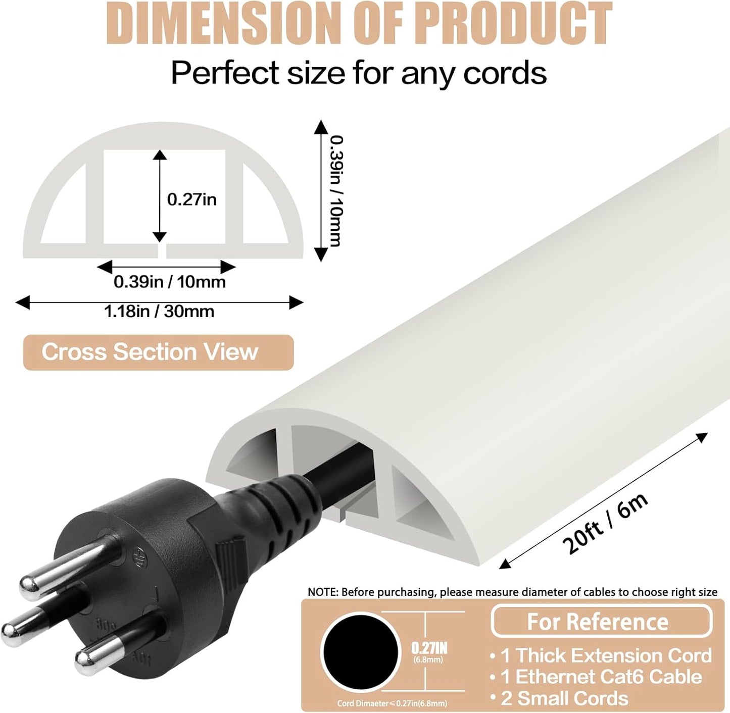 Floor Cord Cover Cable Cavity Self Adhesive Cord Hider Floor 10FT Floor Cable Management Power Cord Protector Floor Electric Cord Covers for Offices, Gym, Exhibitions (Beige, 1.18" x 20')