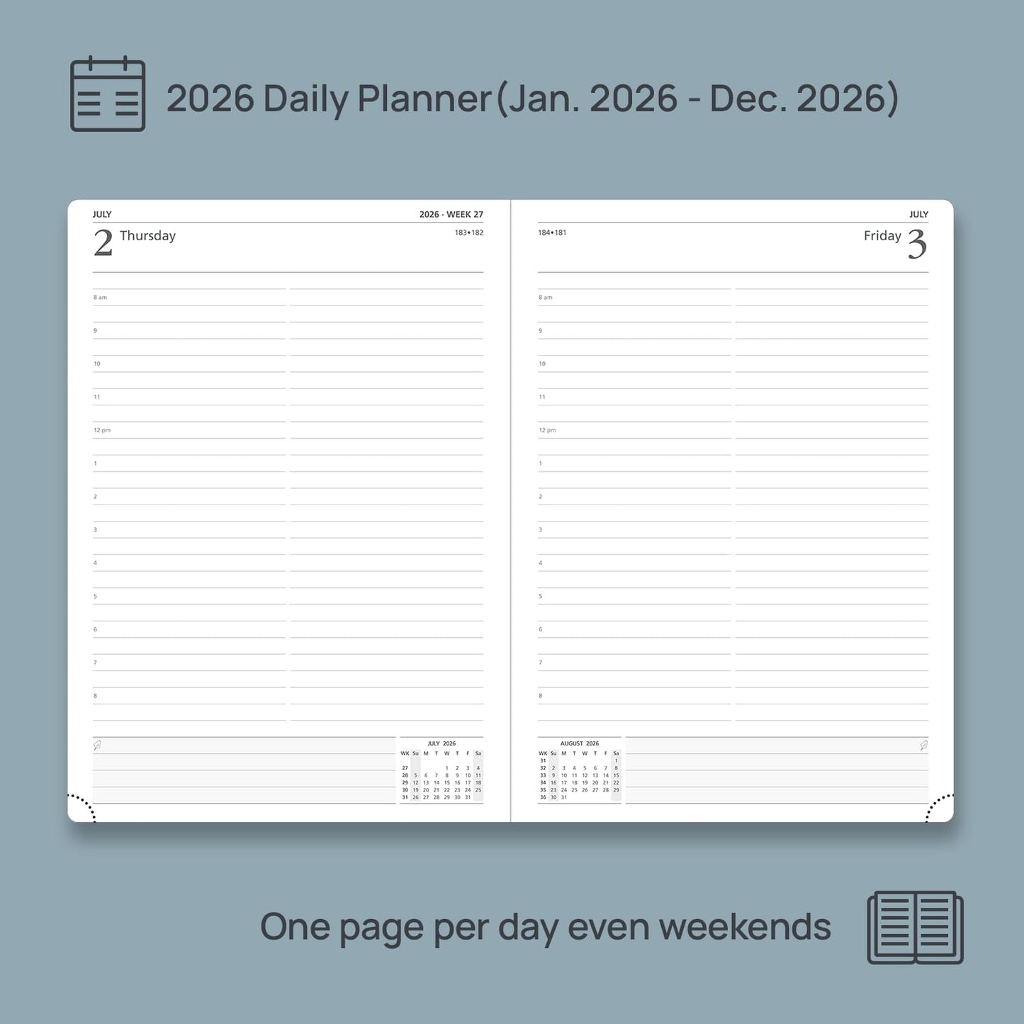 POPRUN 2026 Daily Planner One Page Per Day Even Weekends A4 Large Size (8.5" x 12") - 12 Months Calendar Hourly Appointment Book with Inner Pocket, Pen Holder, Hardcover - Navy Blue