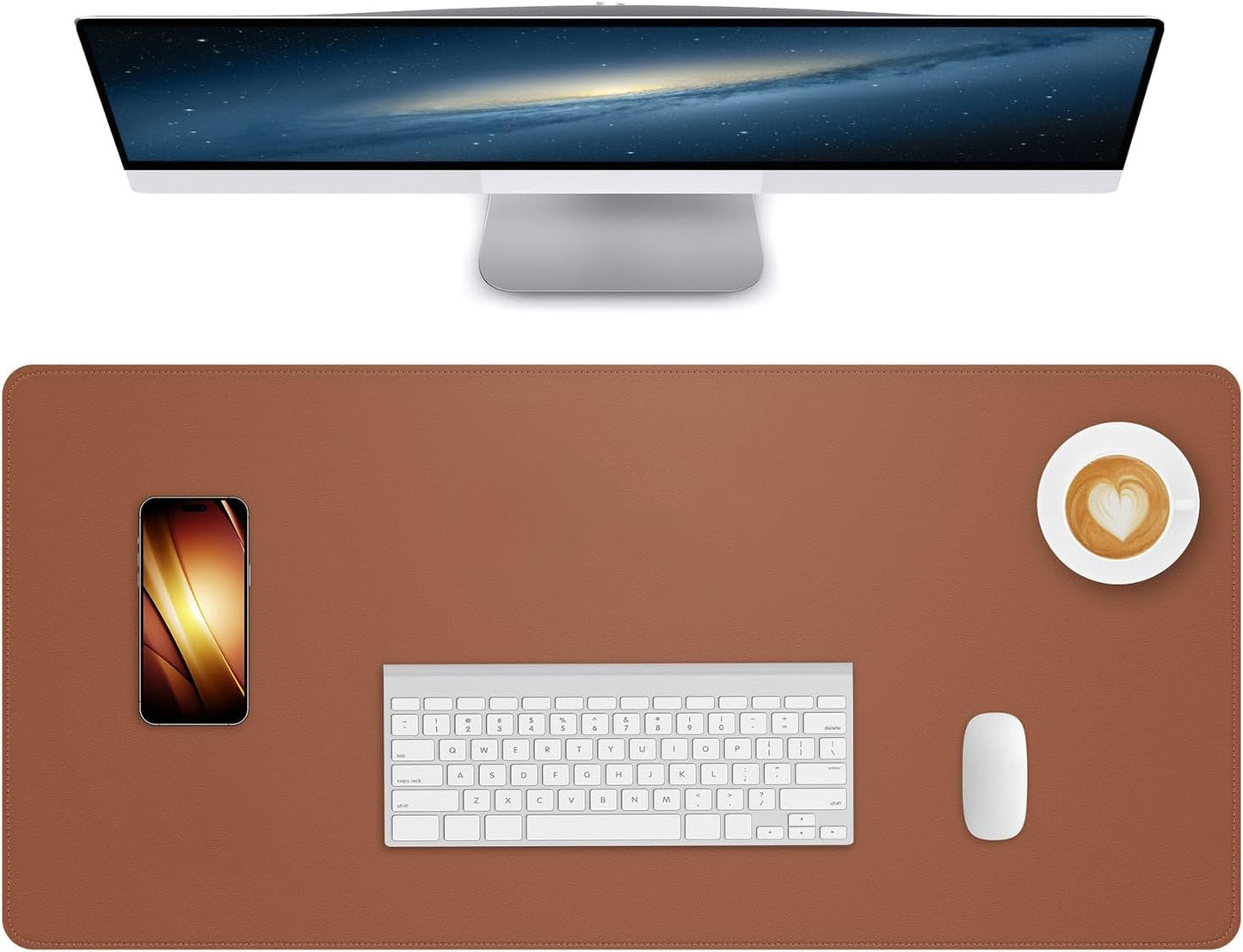 Leather Desk Pad Protector Large Mouse Pad, Stitched Locking Edge Laptop Computer Desk Mat Blotter, Non-Slip Waterproof Durable Writing Pad for Office and Home (Brown, 80 x 40cm)