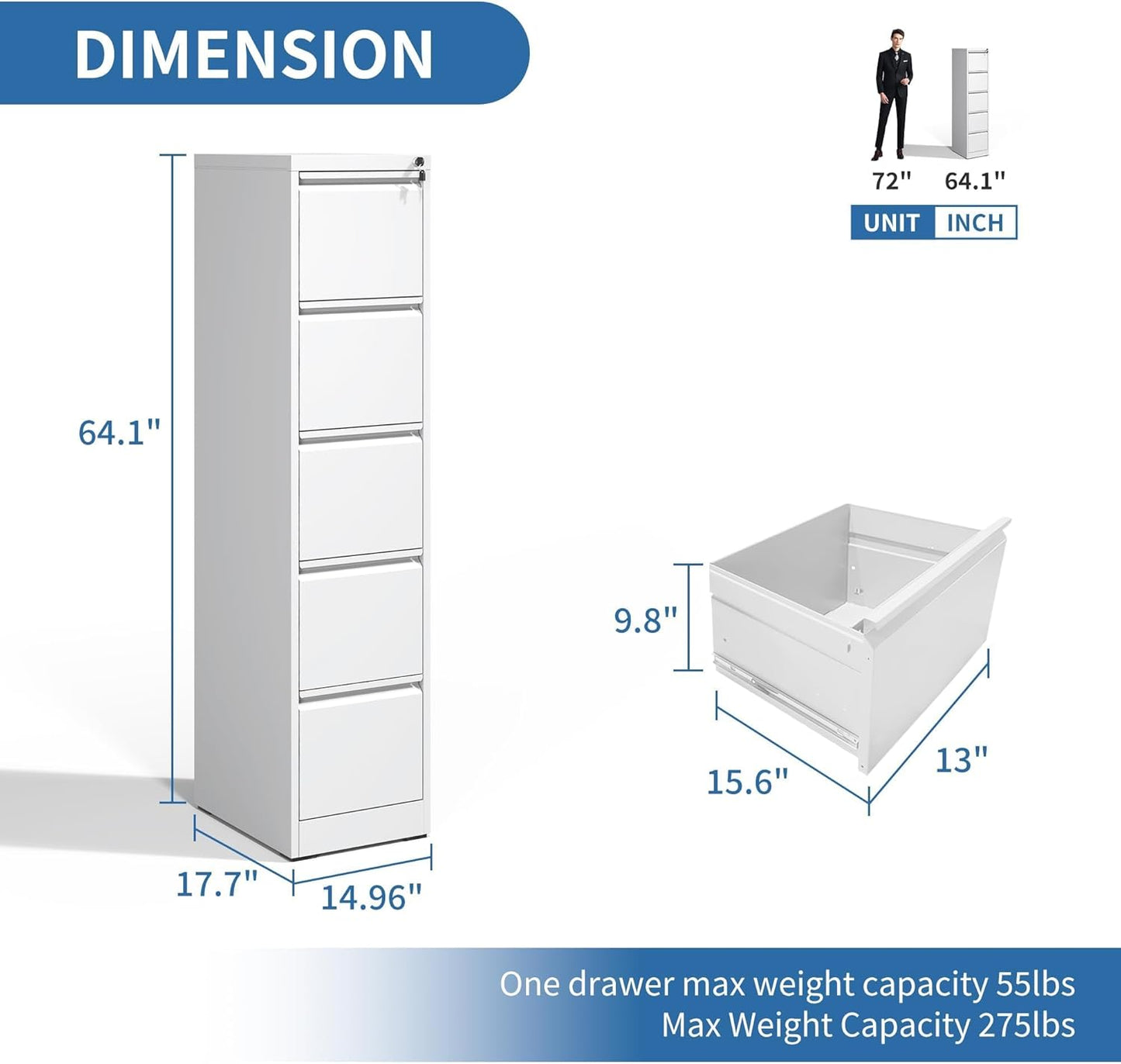 5 Drawer File Cabinet with Lock,Metal Vertical Filing Cabinets for Home Office,Heavy Duty File Storage Cabinet for Letter/Legal/A4/F4 Size File,Assembly Require (White, Vertical 5 Drawer)