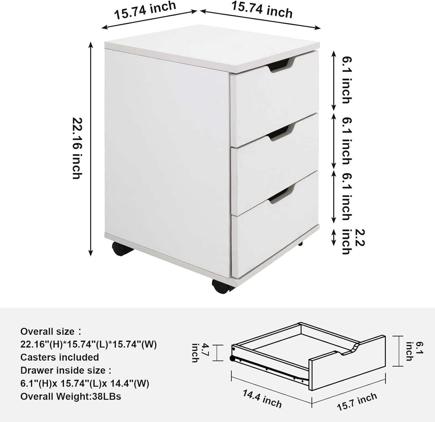 Farini 3-Drawer Vertical Filing Cabinet Rolling Wood Mobile File Cabinets Under Desk for Home Office with Casters (White, Fully Assembled)