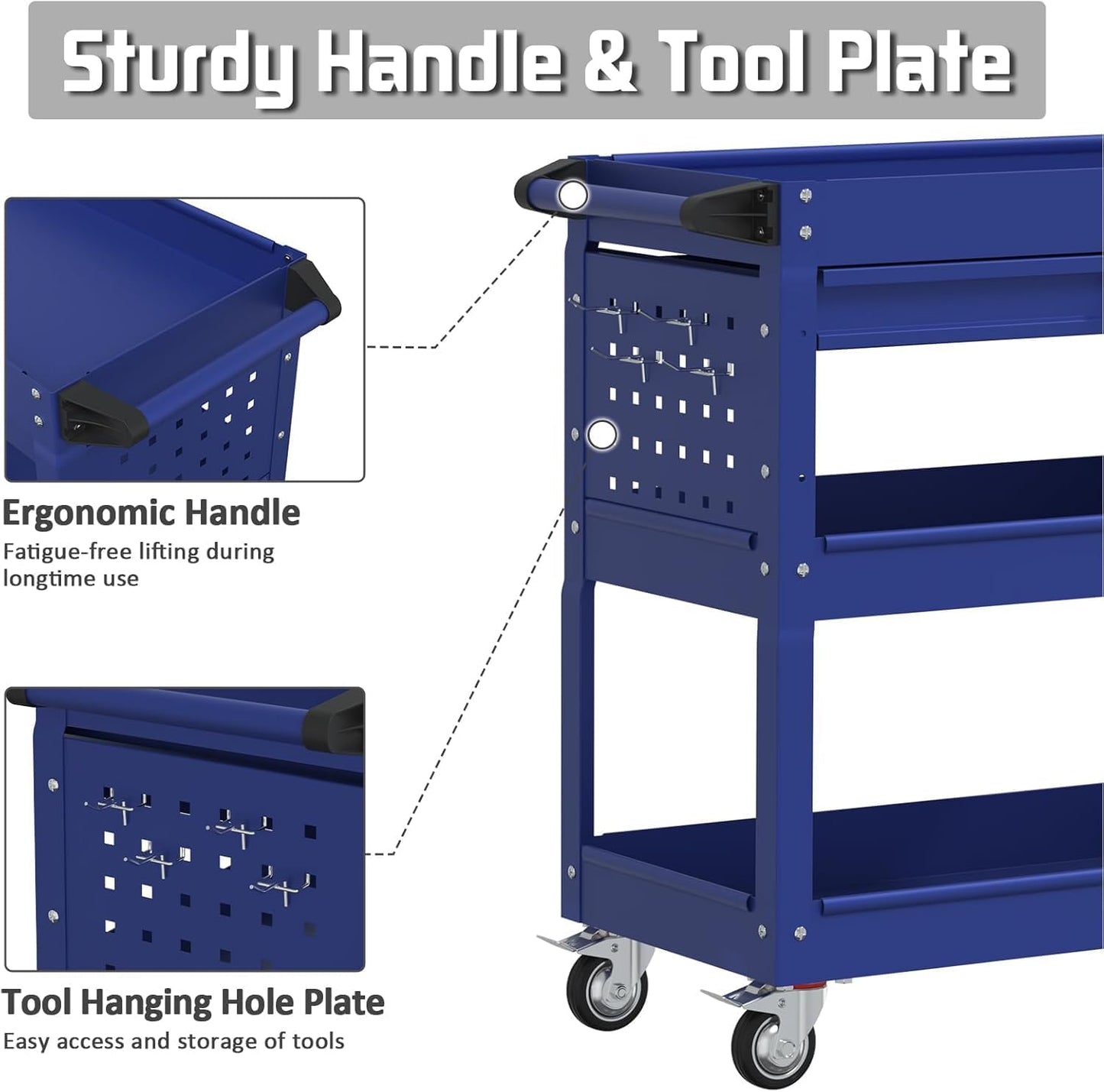 3 Tray Rolling Tool Cart, 400 LBS Capacity Mechanic Tool Carts on Wheels, Heavy Duty Utility Cart with Drawers, Metal Work Cart for Garage, Warehouse and Repair Shop, Blue