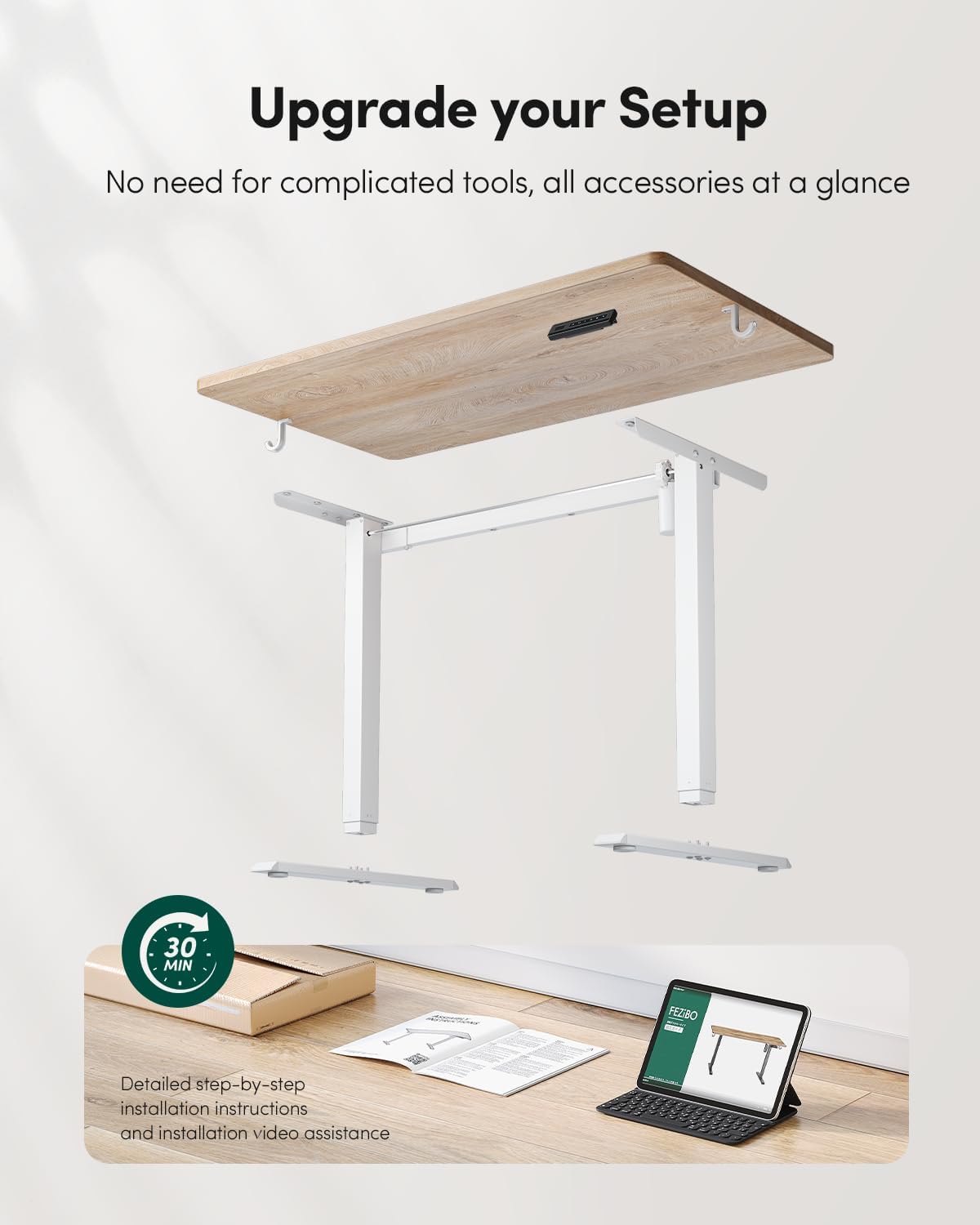 FEZIBO One-Piece Standing Desk Adjustable Height Stand up Home Office Desk, 32x24 Inch Electric Standing Computer Desk, with 4 Memory Presets, Fixable casters, Maple