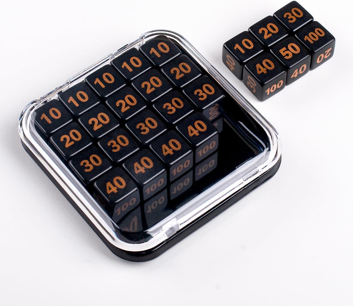 TCG Damage Counter Dice Set with Organizer - 25 Premium Dice (10/20/30/40/50/100) for Card Game Tracking