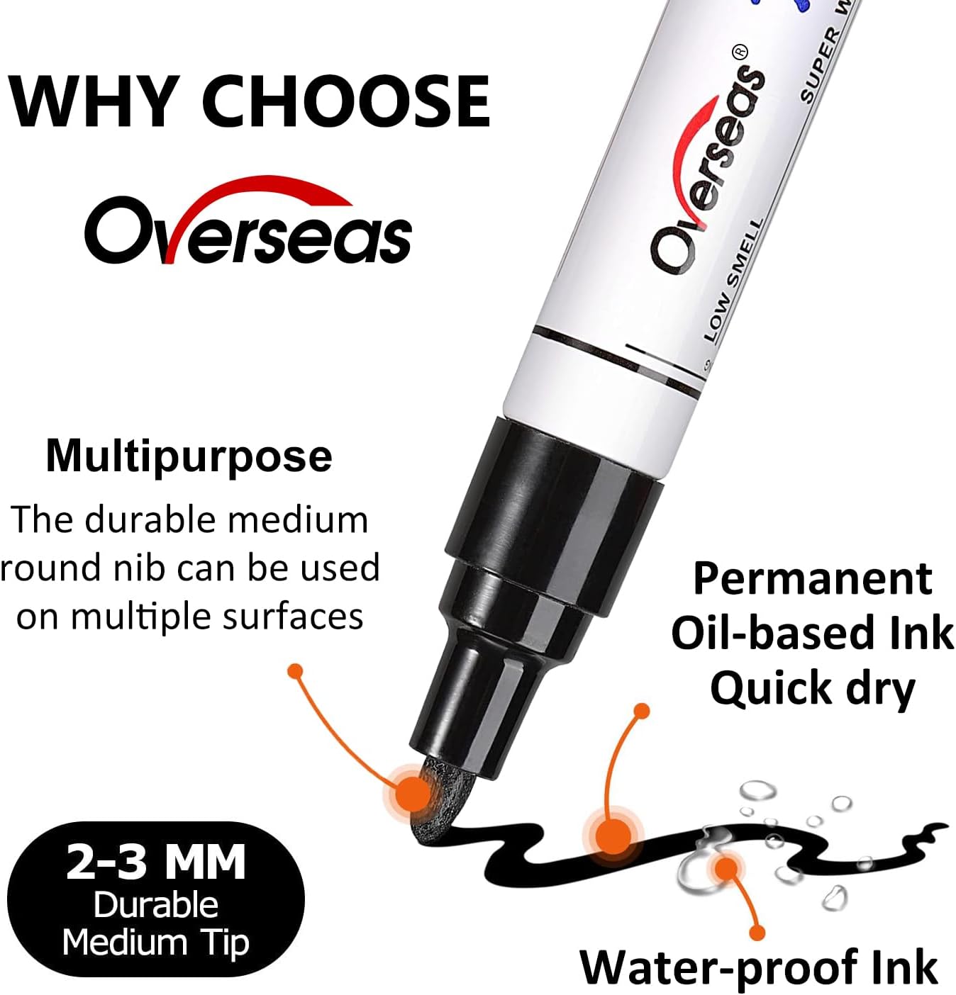 Overseas Blue Paint Pens Permanent Markers 24 Pcs, Oil Based Paint Markers Set, Quick Drying, Waterproof, Medium Tip Marker Pens for Metal, Rock, Wood, Plastic, Canvas, Glass, Stone, Rubber, Paper
