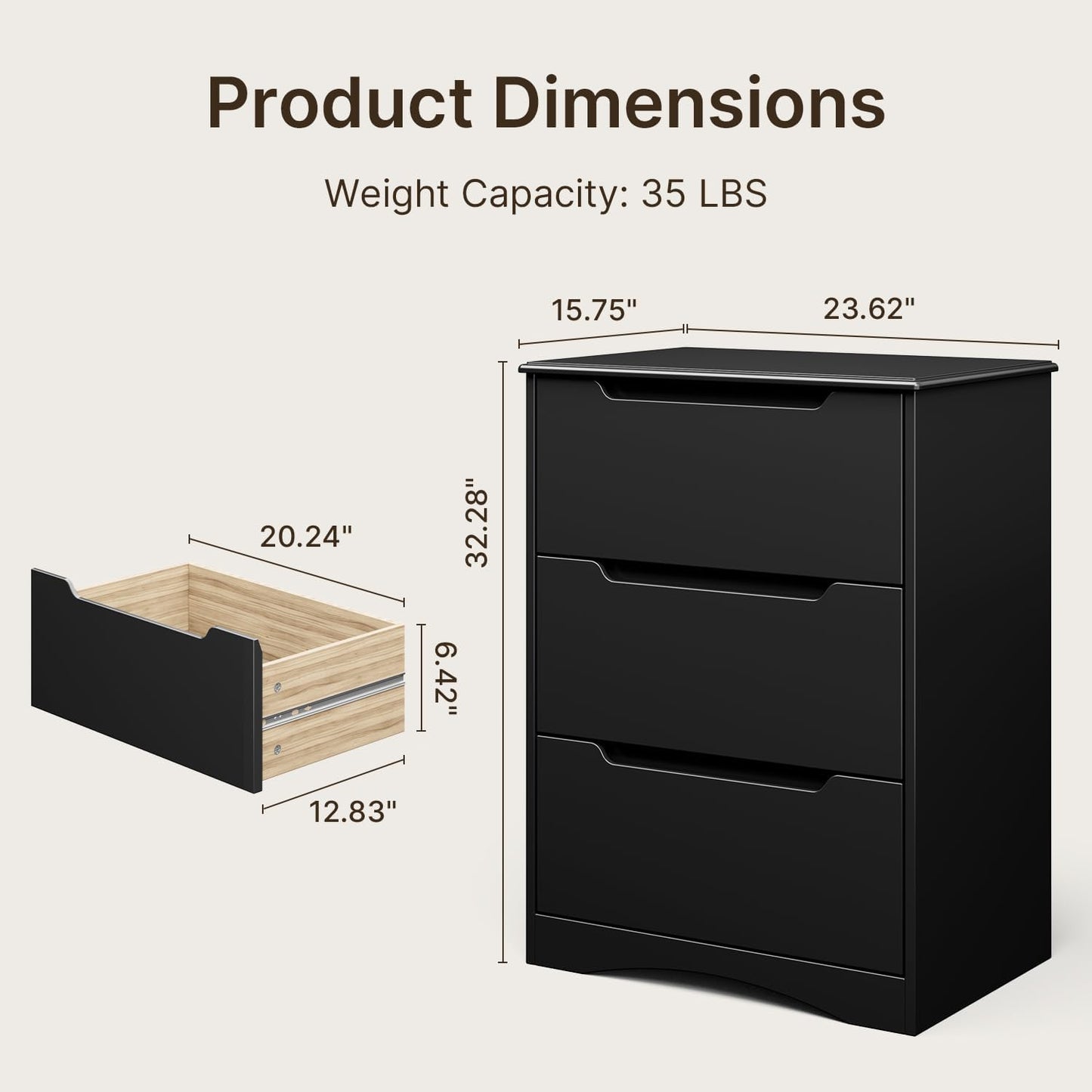 Gizoon 3 Drawer Chest, Chest of Drawers for Bedroom, Storage Organizer with Large Storage Space,Anti-Tip Device and Recessed Handles, Black