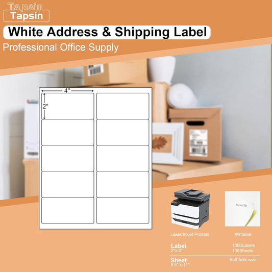 1000 2" x 4" Laser/Ink Jet Shipping Labels, 100 Sheets (10 Labels per Sheet), Compatible with Template 5163, 8163, 5137, 5263, 5523, 5963, 6427, 6528, 8463, 18163