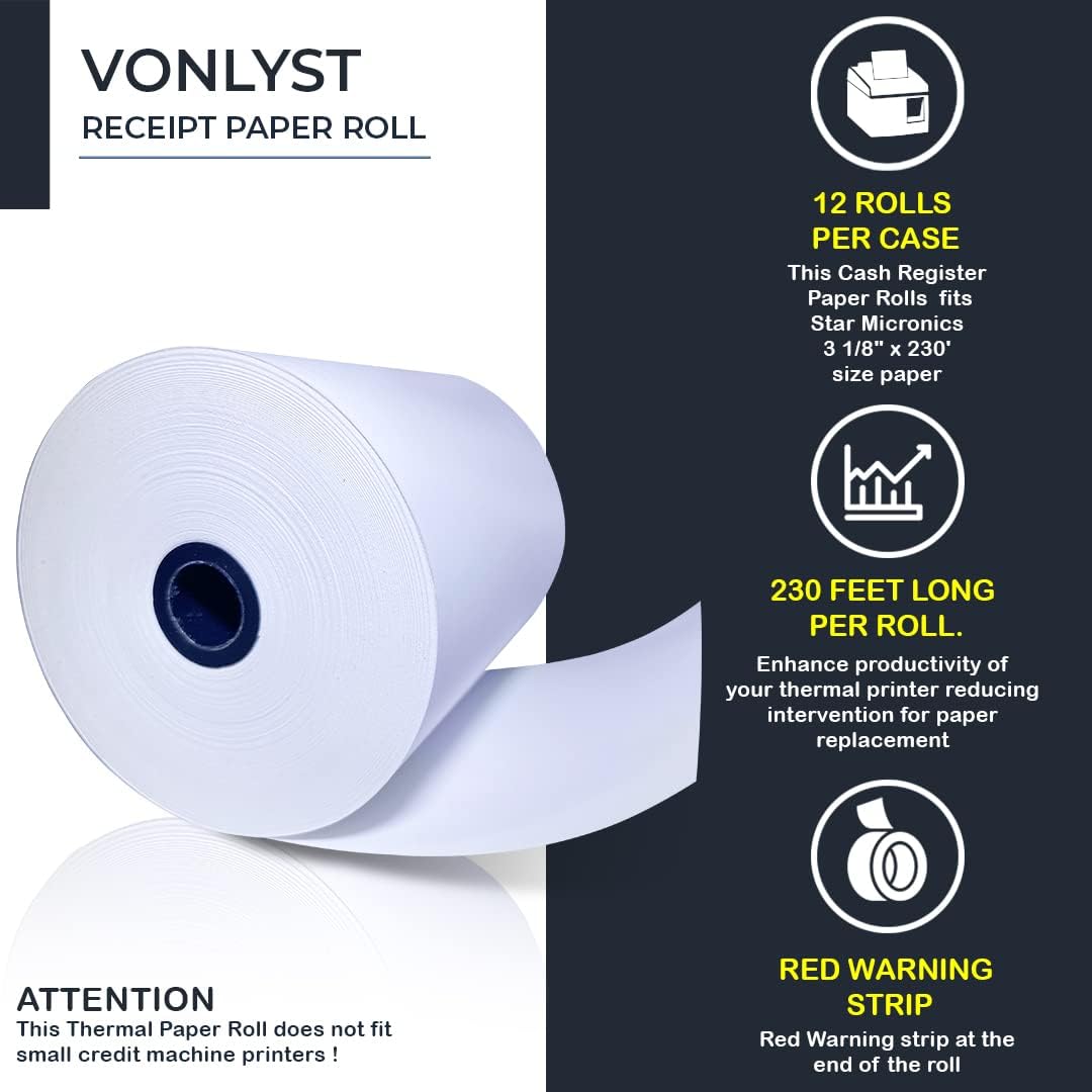 Receipt Paper Roll 3 1/8 x 230 for Square Register and Square POS System connected to Star Micronics Thermal Printer (Pack 12 rolls)