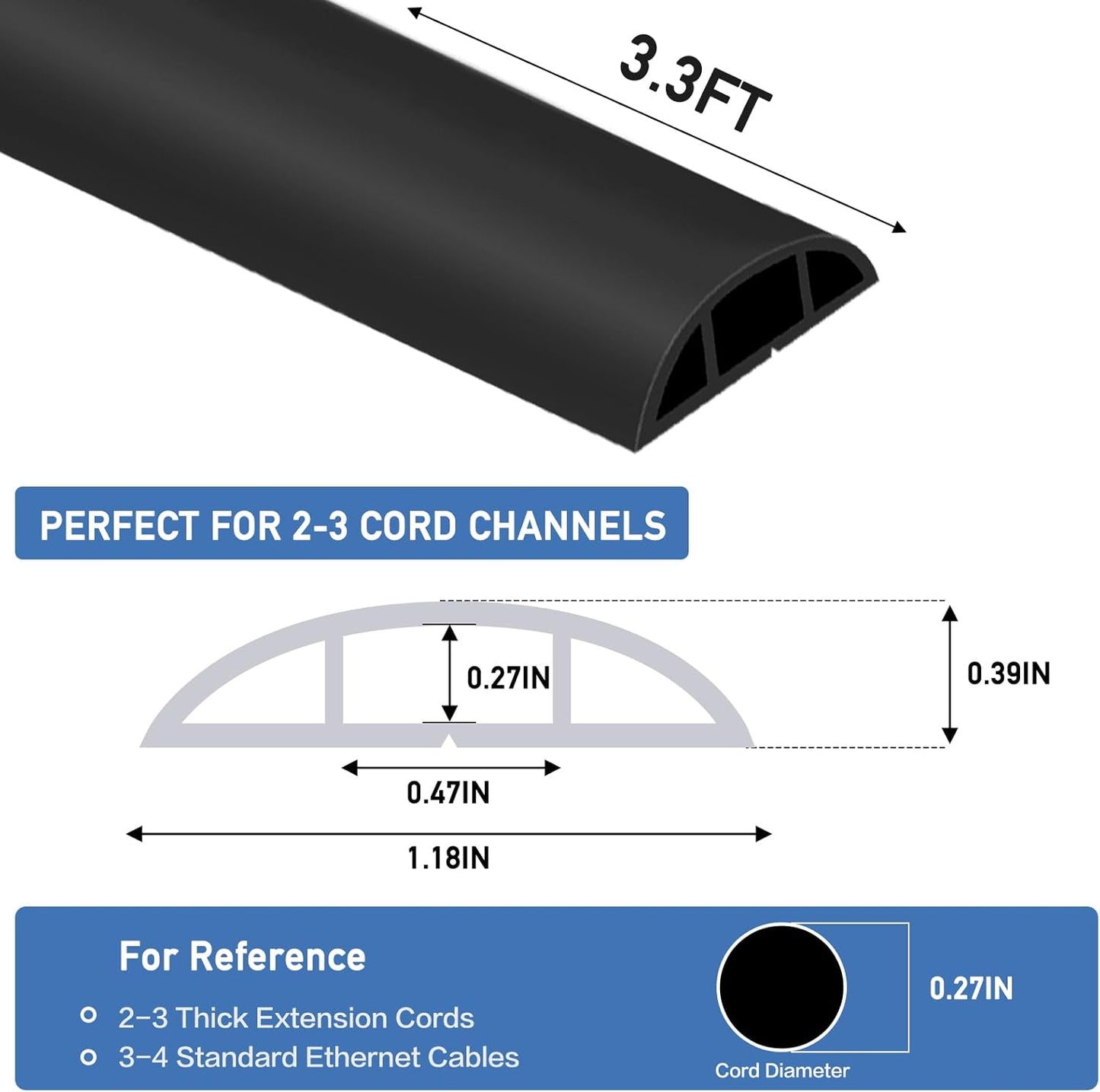Floor Cord Cover Self Adhesive Cord Hider Floor Extension Cord Covers for Floor Power Cord Protector Cable Management Prevent Cable Trips Cable Cavity 0.47" W x 0.27" H (Black, 3.3Ft)