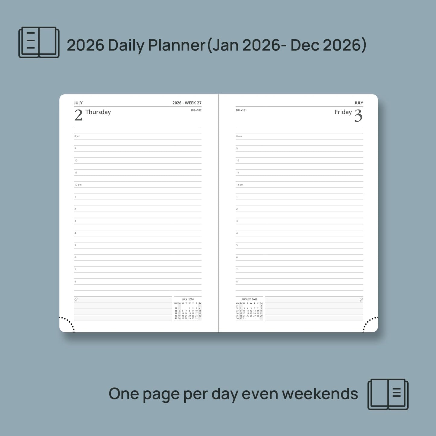 POPRUN 2026 Daily Planner One Page Per Day A5 Size Calendar (5.75" x 8.5") - 12 Months Hourly Appointment Book with Hardcover, Pocket, Pen Holder - Haze Blue