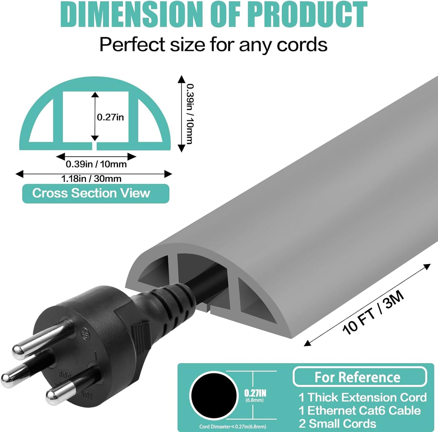 Floor Cord Cover Self Adhesive Cord Hider,10FT Cable Management, Extension Strip Protector for Wires, Prevent Cable Trips for Offices, Gyms, Exhibitions Cavity:0.39"(W) x 0.27"(H) Gray