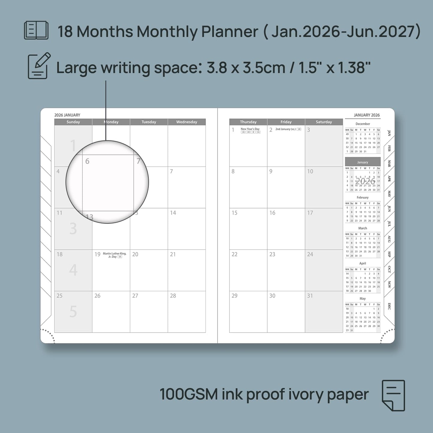 POPRUN Monthly Planner 2026-2027 (Medium- 6.5'' x 8.5'' Soft Cover), 18-Month Calendar Book (Jan.2026 - Jun. 2027), Calendar Planner with Monthly Tabs & Pocket, 100 GSM Paper - Night Sky Blue
