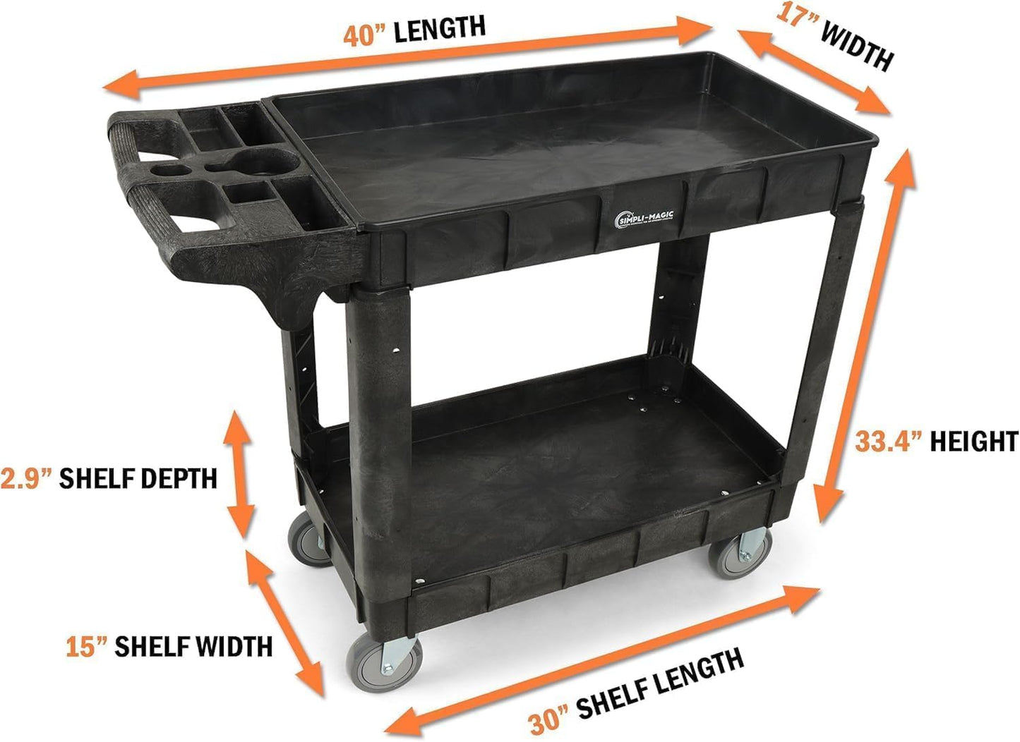 Rolling Utility Cart on Wheels, Heavy Duty Tool with Ergonomic Storage Handle and Deep Shelfs, Work Service for Garage, Warehouse, Workshop, 700-Pound Capacity 40 x 33 x 17-Inch
