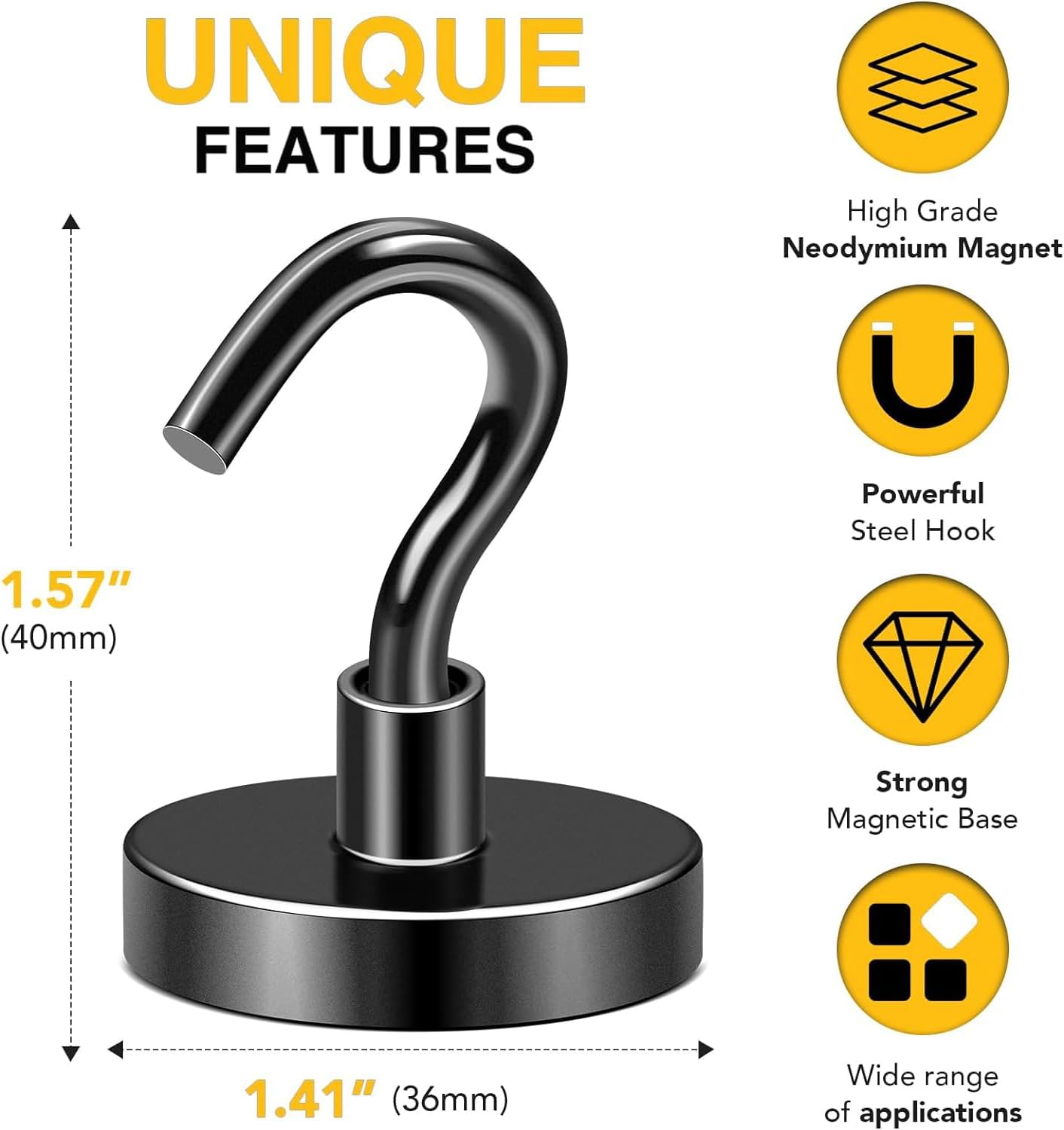 DIYMAG Black Magnetic Hooks, 150 LB Heavy Duty Strong Magnets with Hooks Rare Earth Neodymium Fridge Magnet for Grill Hanging Cruise Cabins Ship Essentials 12 Packs