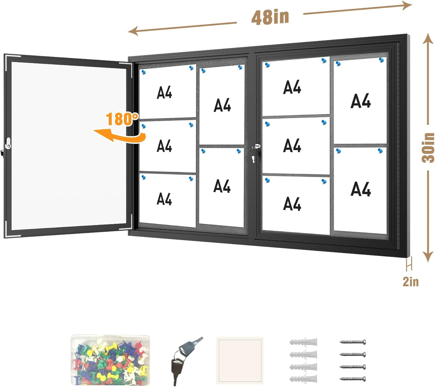 48"x30" Enclosed Bulletin Board, Outdoor Lockable Weather-Resistant Aluminum Cork Noticeboard for School & Office, Black Frame w/Grey Flet