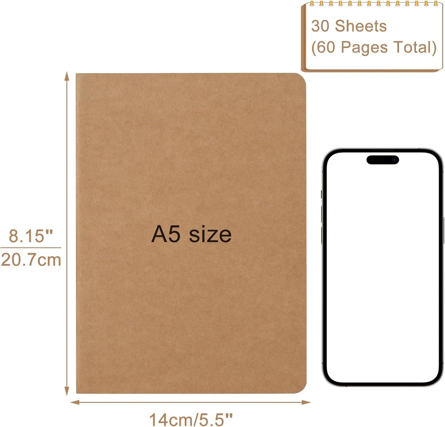ZCZN 8 Pack A5 Kraft Notebooks Bulk, 8.15x5.5 Inches Blank Journaling Notebooks, Notebooks for Work, Composition Notebooks for School, Journal notebooks for kids, 60 Pages
