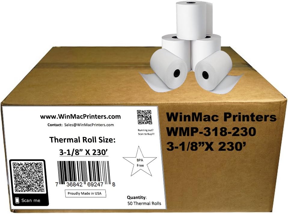 Thermal Paper Rolls 3 1/8 x 230 - American Made: [50/pack] BPA Free 48 GSM Solid Tube Core CC Receipt paper for POS terminals Cash Registers Stations SCP700 TSP100 TSP300 TSP400 TSP500 TSP600
