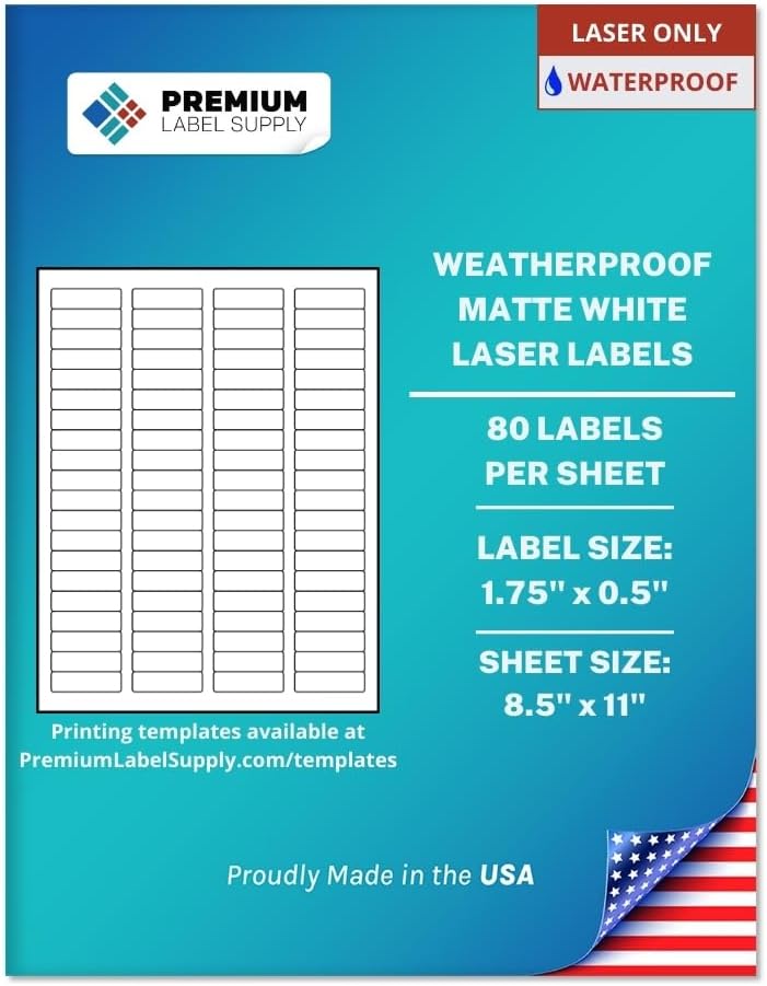 Premium Label Supply Waterproof White Return Address Sticker Labels – 1.75" x 0.5" – Laser Printers Only – (80 per Sheet), 100 Sheets - 8,000 Total Adhesive Labels
