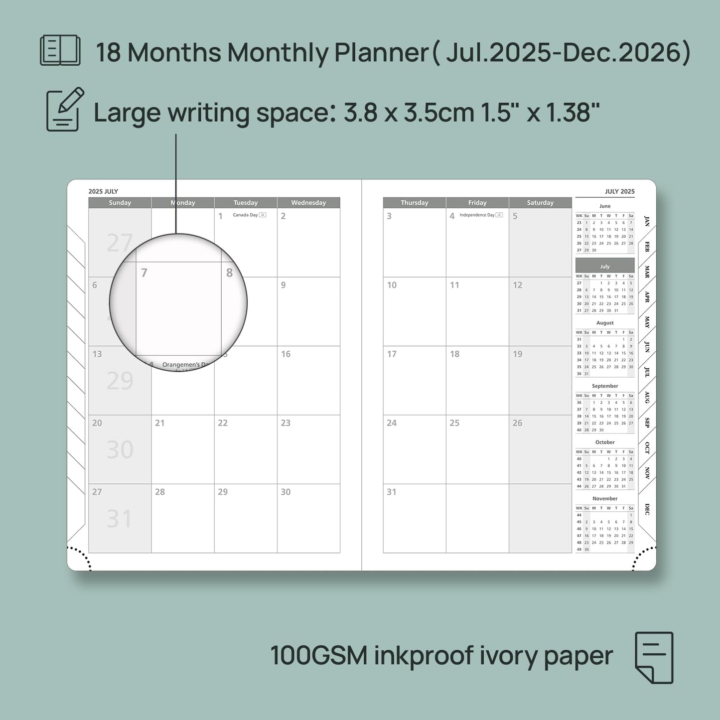 POPRUN Monthly Planner 2025-2026 (Medium- 6.5'' x 8.5'' Soft Cover), 18-Month Calendar Book (Jul.2025-Dec.2026), Calendar Planner with Monthly Tabs & Pocket, 100 GSM Paper - Pacific Green