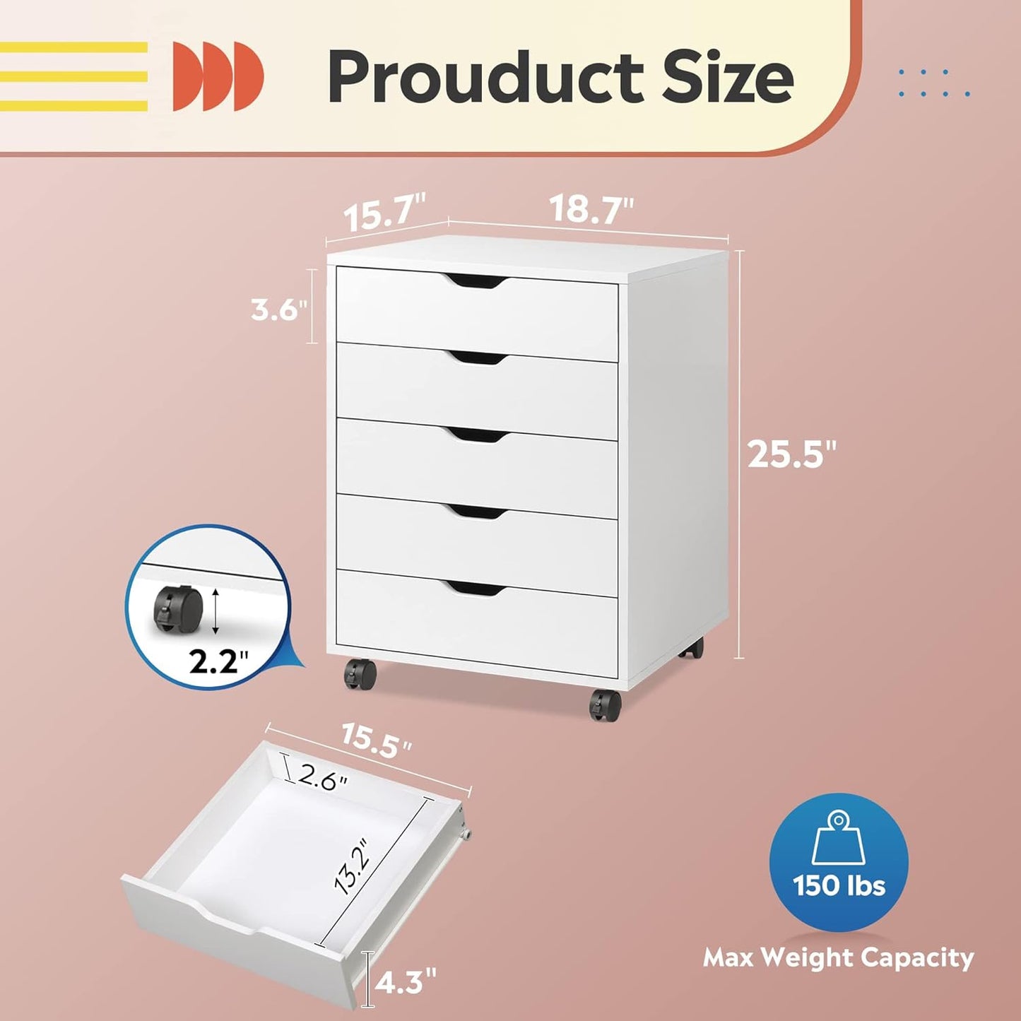 DEVAISE 5-Drawer Chest, Wood Storage file Cabinet with Wheels, White