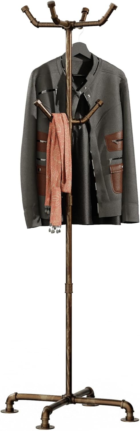 Industrial Coat Rack, Metal Pipe Coat Rack Stand Freestanding with 6 Hooks, Heavy Duty Coat Tree Sturdy Coat Racks for Entryway, Hallway, Bedroom (Vintage gold)