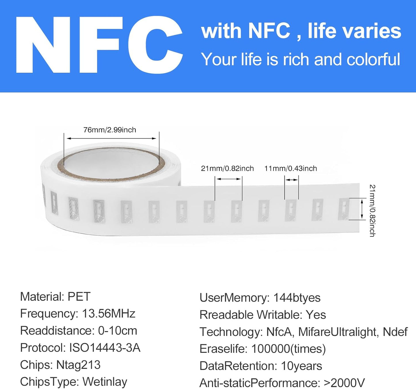 30 PCS NFC Tags Stickers - NTAG213 Chip, Blank, Adhesive Labels, RFID Tags, Rewritable, 137 Bytes Memory, Compatible with All NFC-Enabled Smartphones and Devices