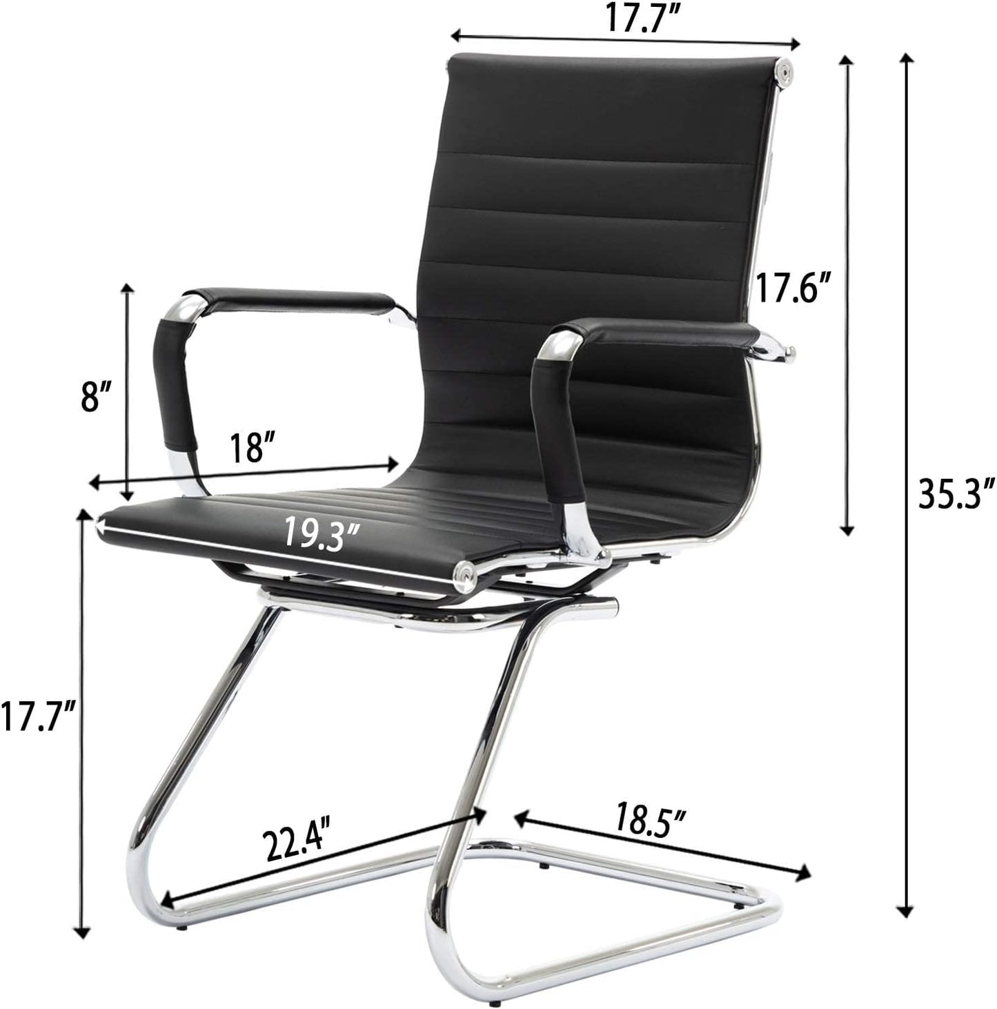 Black Office Desk Chair No Wheels Set of 8 PU Leather Computer Chairs Mid Back Guest Chairs for School Reception Conference Waiting Room, Black