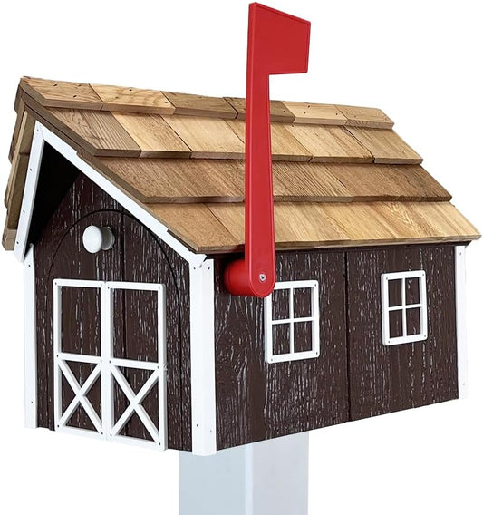 Peaceful Classics Amish Cedar Roof Wooden Mailbox with Window & Door Trim, Handcrafted Mailboxes for Outside, Post Mount Residential Mailboxes - (Brown & White, Wood)