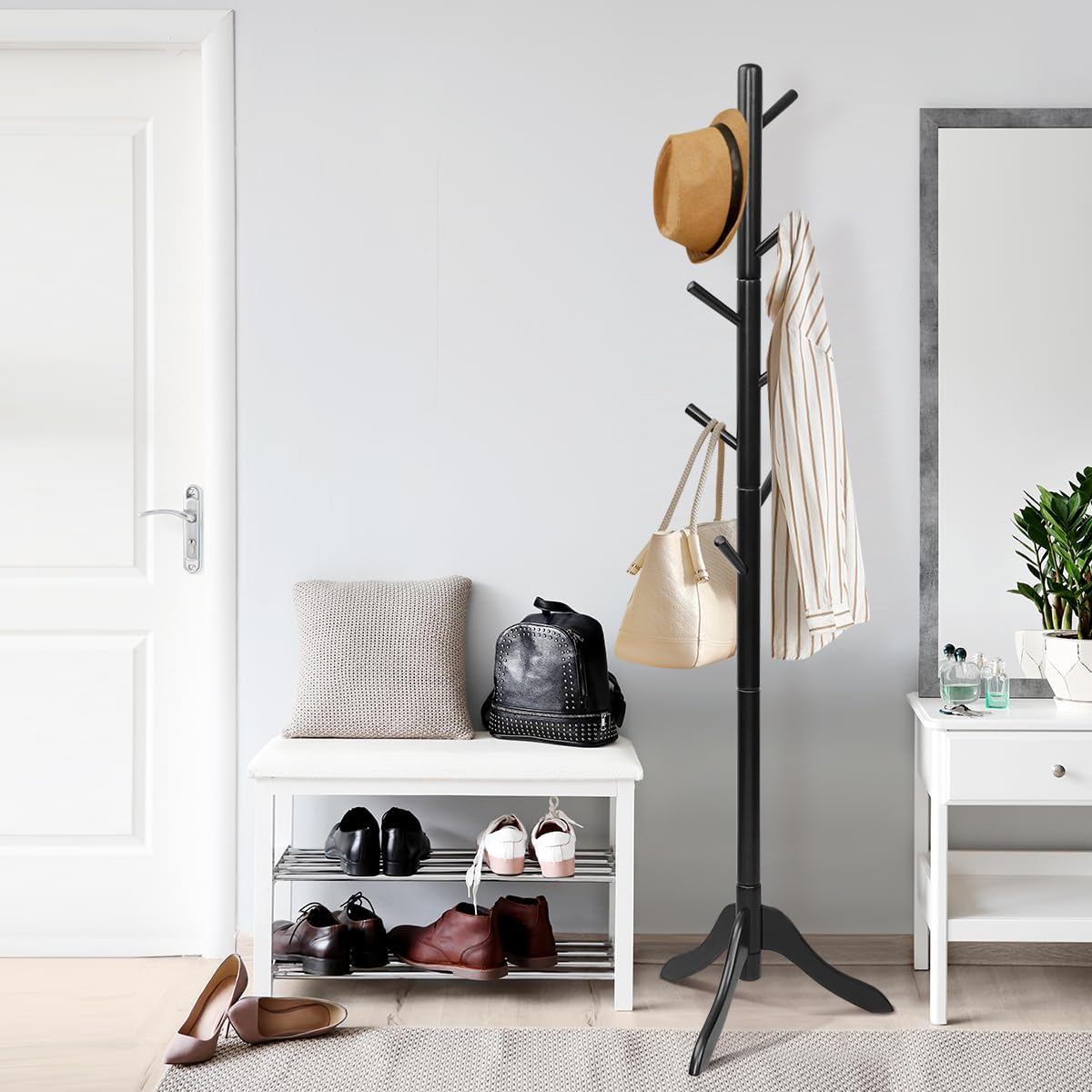Tangkula Wooden Tree Coat Rack Freestanding, Entryway Coat Stand with 8 Hooks, Height Adjustable Coat Tree, Coat Hanger Stand for Home Office Hall Entryway