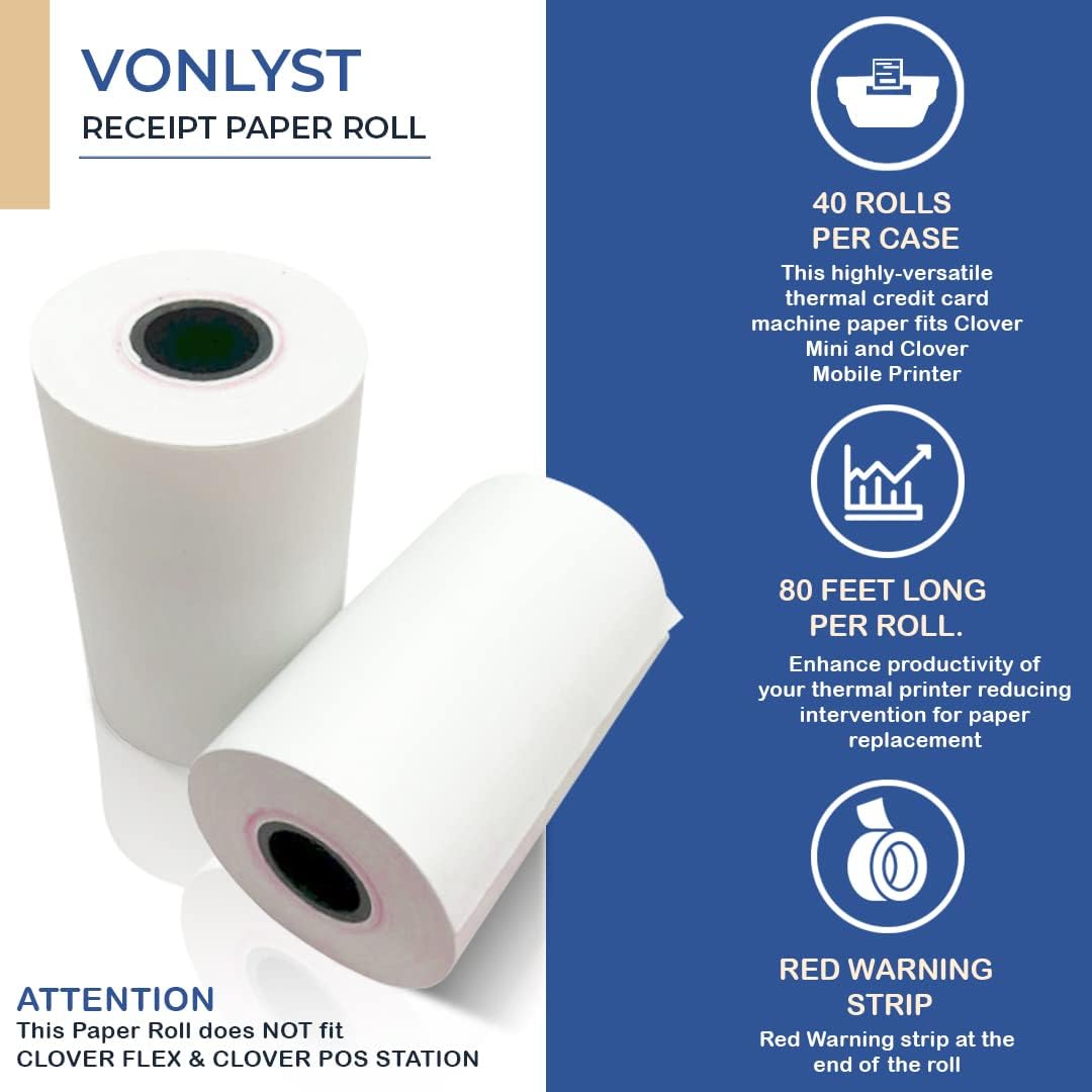 Receipt Paper for Clover Mini and Clover Mobile Thermal Printer 2 1/4 x 80 (40 rolls)