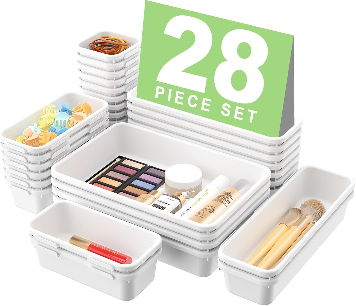 【28PCS】A-LUGEI Drawer Organizer, Bathroom Organizers and Storage, Makeup organizer, Desk drawer organizer, Storage Bins for Kitchen Office Bedroom Vanity Jewelry Pantry Garage【White】【4Size】
