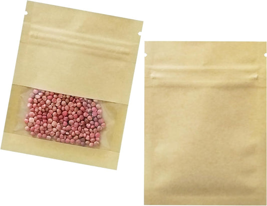 FERENLI 100 Pack 3.5x5.1 inch Small Resealable Seed Coin Envelopes Bags with Clear Window Brown Kraft Paper Heat Seal Packets for Flower Vegetable Seeds Storage Party Favor Pet Food Sample Bag
