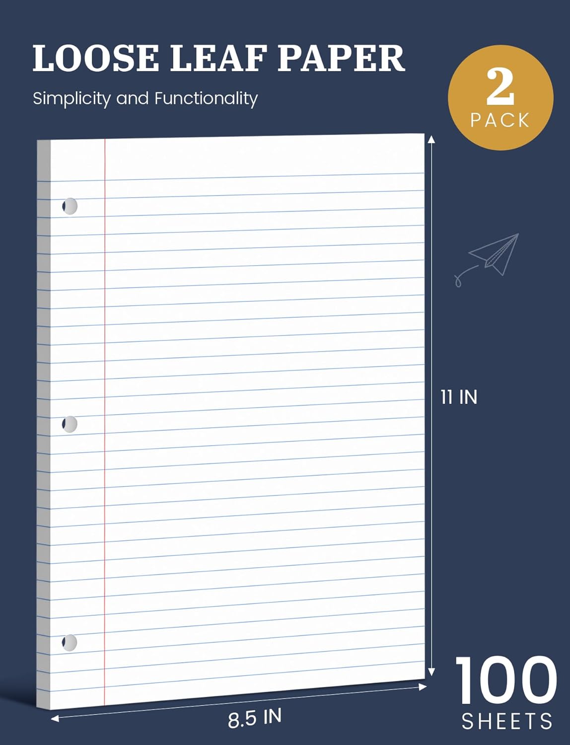 Loose Leaf Paper 8.5 x 11, Loose Leaf Notebook Paper, 200 Sheets Binder Paper 8-1/2 x 11'', 3-Hole Punched Filler Paper Notebook, 2 Pack, 100 Sheets/Pad