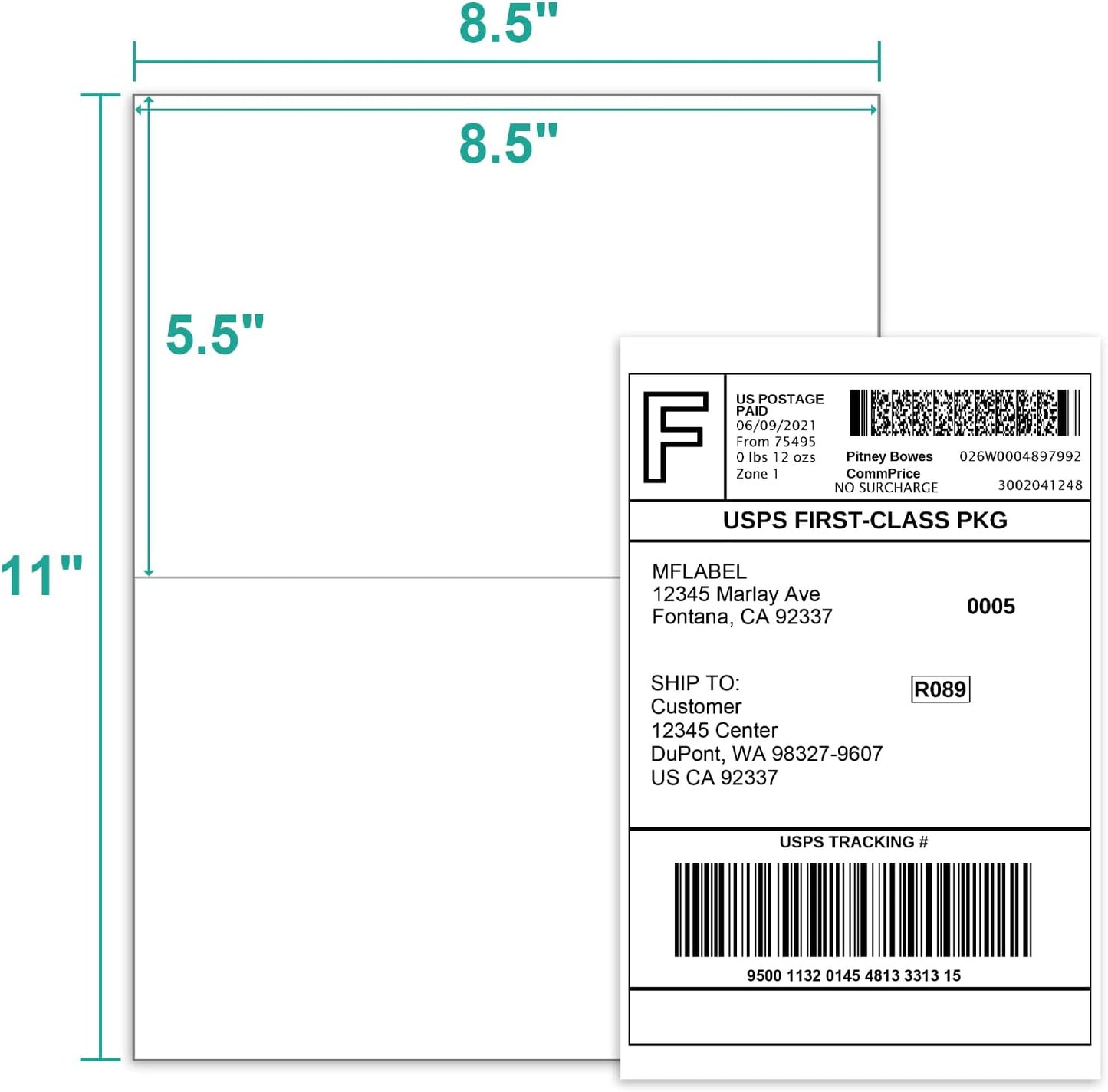 MFLABEL Half Sheet Shipping Labels (8.5" x 11") - 300 Self-Adhesive Labels for Laser/Inkjet Printers | 2-UP Design for FedEx, UPS, Amazon FBA | Matte Finish No-Jam Labels + 12 Free Fragile Stickers
