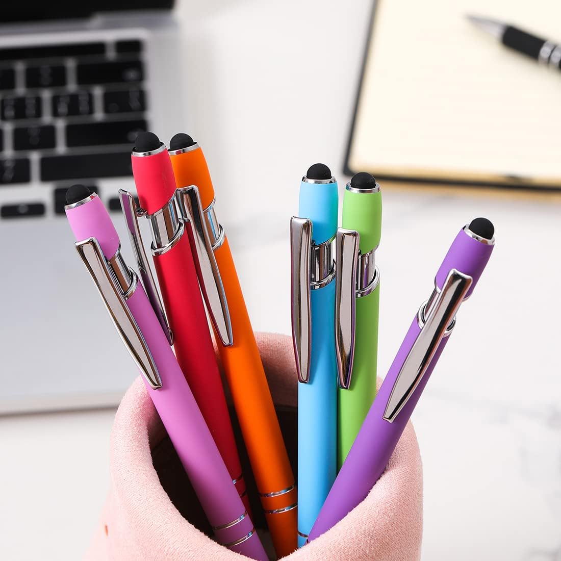 Ballpoint Pen with Stylus Tip, Soft Touch Click Metal Pen, 1.0mm Medium Point, Black Ink, 12 Count(Light Blue)